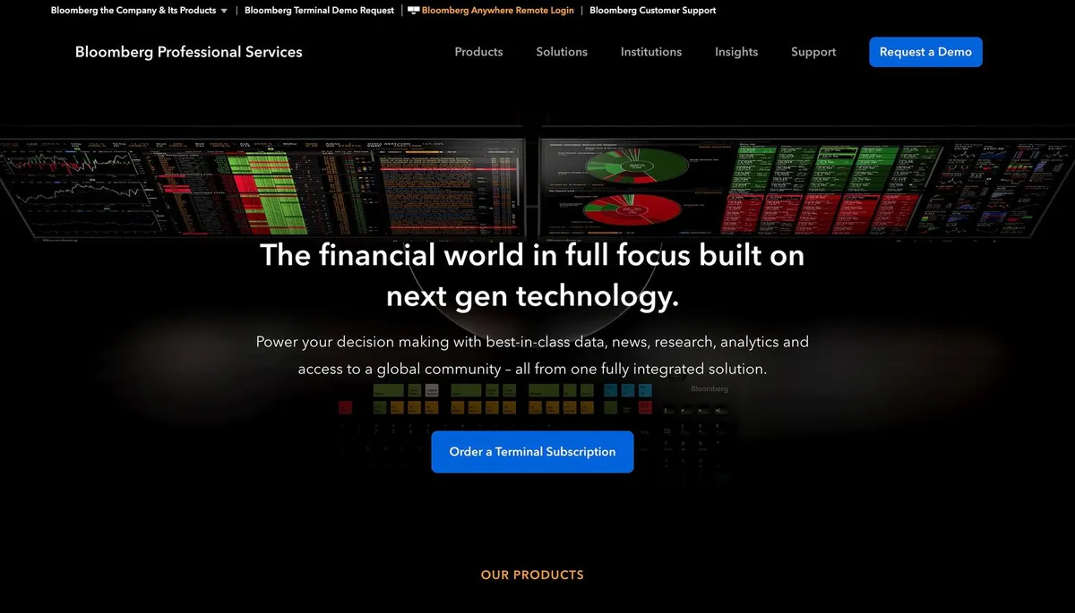 The Bloomberg Professional Services site: the financial world in full focus, built on next gen technology, above a bank of terminal screens.