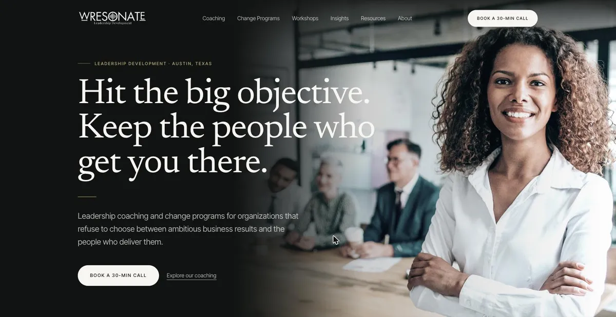 The Wresonate home page: a dark hero with the headline Hit the big objective, keep the people who get you there.
